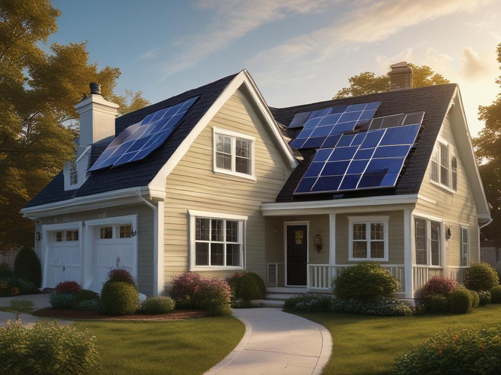 **AI Image Generation Prompt:**
Create a realistic high-resolution photo depicting a solar backup power system installed on the roof of a charming suburban Maryland home. The composition should feature a close-up shot of the solar panels, capturing the intricate details of the photovoltaic cells glistening in the sunlight. Ensure the background showcases a clear blue sky with a few fluffy white clouds to evoke a sense of reliability and tranquility. 
In the foreground, highlight an aesthetically pleasing