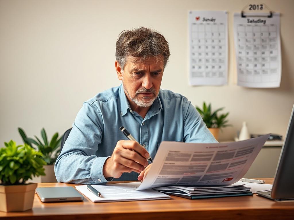 Create a realistic high-resolution photo that features a single subject: a focused individual (a middle-aged man or woman) sitting at a tidy, well-organized desk, reviewing documents related to solar tax credits. The person looks concerned and engaged, with a pen in hand, marking important points on a checklist or application form. 

The background should be simple and uncluttered, featuring a few potted plants and a wall-mounted calendar indicating the current month, subtly highlighting upcoming deadlines 
