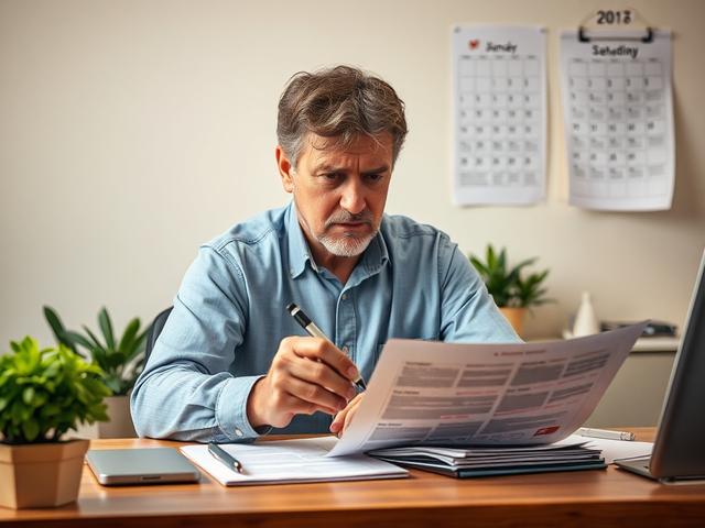 Create a realistic high-resolution photo that features a single subject: a focused individual (a middle-aged man or woman) sitting at a tidy, well-organized desk, reviewing documents related to solar tax credits. The person looks concerned and engaged, with a pen in hand, marking important points on a checklist or application form. 

The background should be simple and uncluttered, featuring a few potted plants and a wall-mounted calendar indicating the current month, subtly highlighting upcoming deadlines 