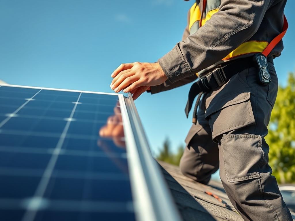 Create a realistic high-resolution photo featuring a single solar panel technician installing solar panels on a modern residential rooftop during bright daylight. The technician, dressed in professional workwear with subtle branding, is shown from a close-up angle using a 45mm f/1.2 lens style to create a sharp focus on their hands and tools as they securely fasten a solar panel. The background is softly blurred with hints of a clear blue sky and green trees, complementing the #222 dark color tone with subt