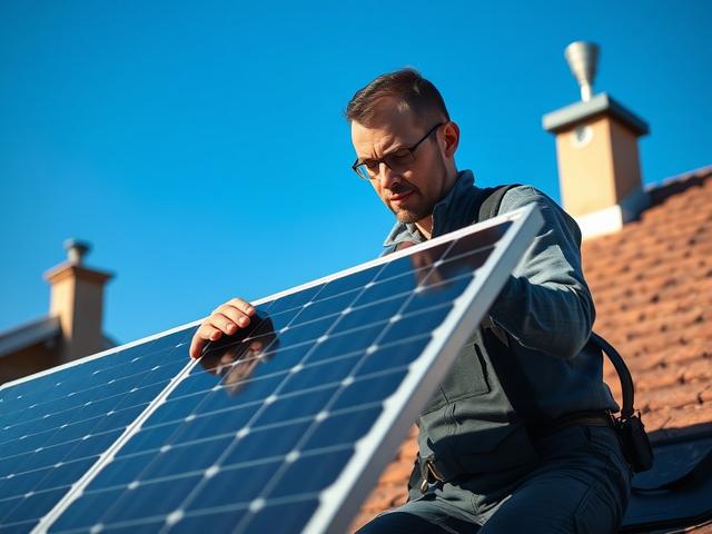 **AI Image Generation Prompt:**

Create a hyper-realistic, high-resolution close-up image of a skilled technician inspecting a solar panel installation on a residential rooftop. The technician should be focused on the panel, demonstrating expertise and attention to detail. The background should be a clear blue sky, showcasing the solar panels against the warm tones of a suburban home with distinct features like a chimney and garden, emphasizing a typical residential setting. The composition should convey cl