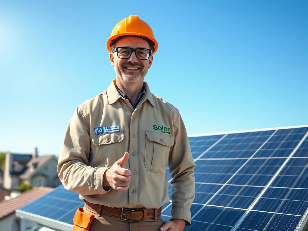 **AI Image Generation Prompt:**

Create a realistic high-resolution photo depicting a professional solar panel installation expert standing confidently next to a solar panel system on a residential rooftop. The expert should be a middle-aged individual wearing a branded uniform, safety glasses, and a hard hat, symbolizing trust and expertise in the solar energy field. 

The background should feature a clean blue sky and a modern residential neighborhood, with several houses in the distance showcasing solar 