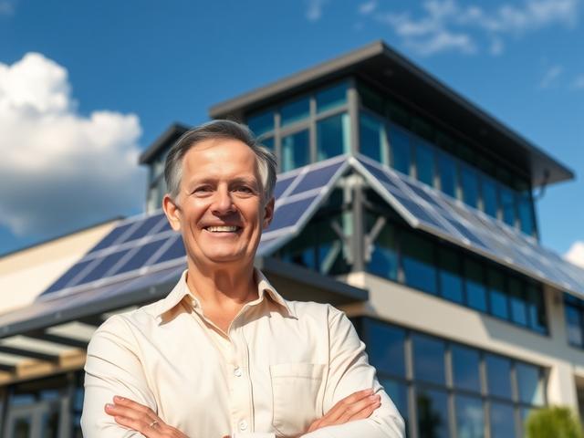 Create a realistic high-resolution photo that captures the essence of the title "Maryland Solar Incentives for Commercial Properties: Hidden Savings Revealed." The composition should be simple and clear, focusing solely on a single subject: a smiling business owner standing confidently in front of a modern commercial building. The building should feature visible solar panels installed on the roof, symbolizing the integration of renewable energy and innovation in business operations. 

In the background, inc