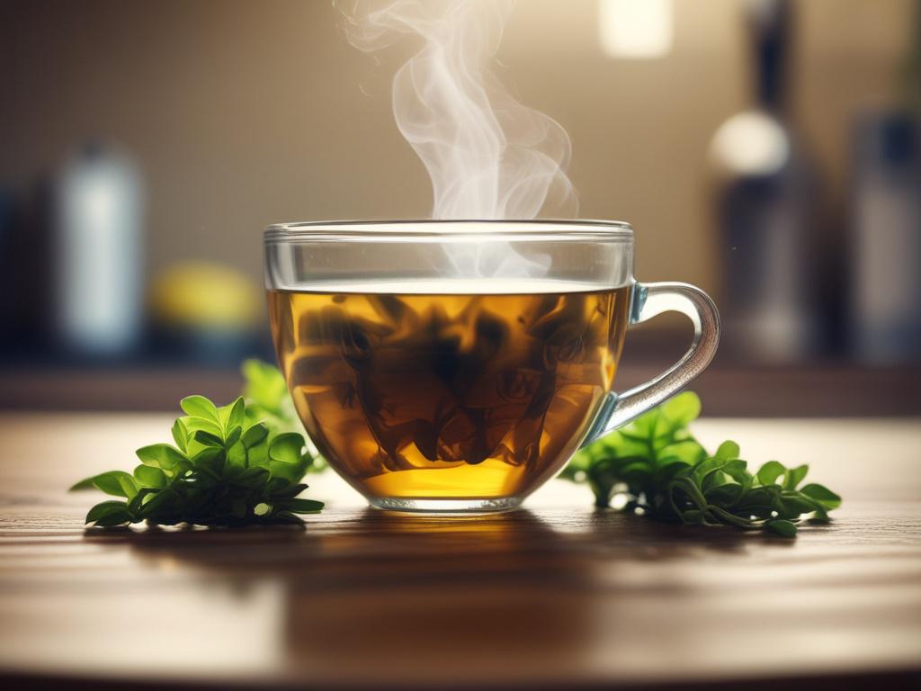 A close-up shot of a steaming cup of detox herbal tea, with fresh herbs and lemon slices around it. The background is softly blurred, showcasing a cozy kitchen setting with warm wooden tones. The image captures the inviting steam rising from the cup, shot with a 45mm f/1.2 lens.