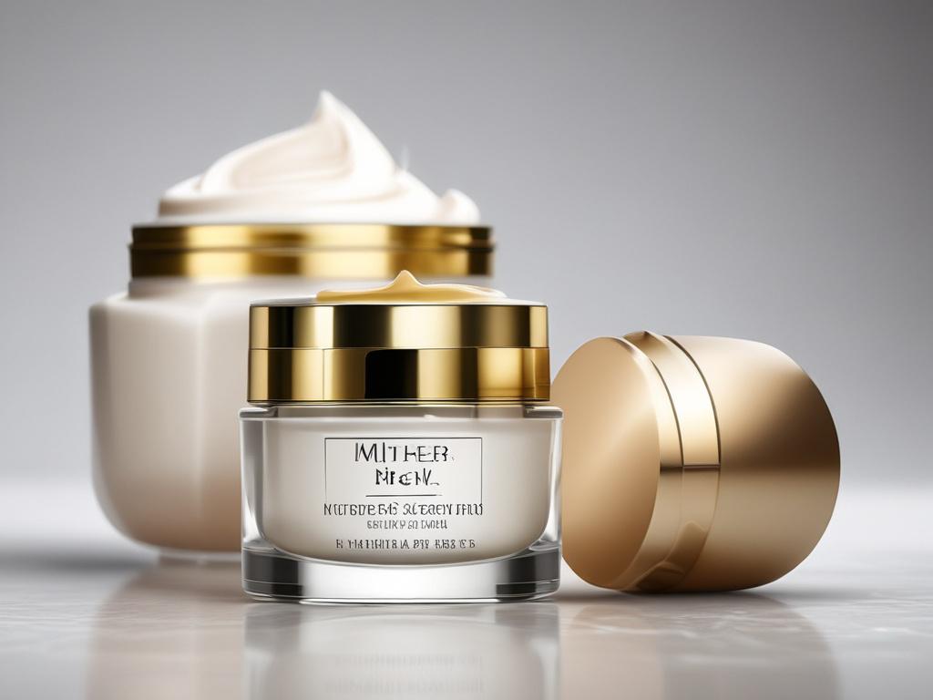 A close-up shot of a luxurious rich moisturizing cream in a glass jar, placed on a clean white marble surface. The cream has a smooth texture, with a soft focus background of green plants to evoke a sense of natural beauty. The lighting is soft and warm, highlighting the creamy texture, shot with a 45mm f/1.2 lens.