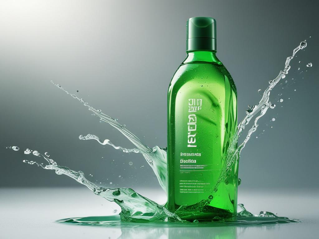 A close-up shot of a vibrant green bottle of revitalizing shower gel, with a splash of water droplets around it. The setting is bright and fresh, featuring a clean bathroom counter with a hint of greenery in the background. The image captures the refreshing essence of the product, shot with a 45mm f/1.2 lens.