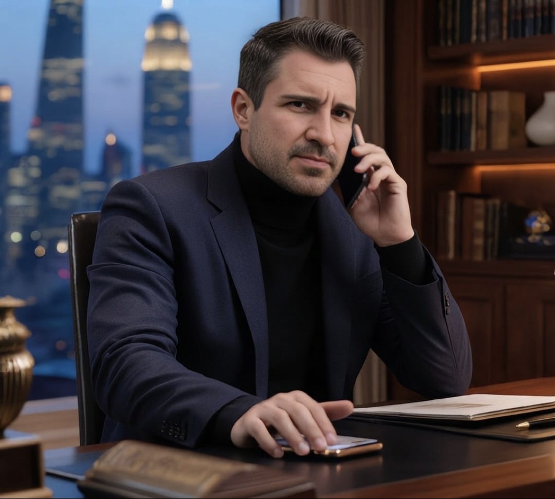 Art adviser speaking on the phone at his desk
