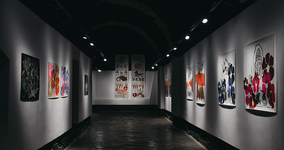 A contemporary art gallery corridor lined with framed works