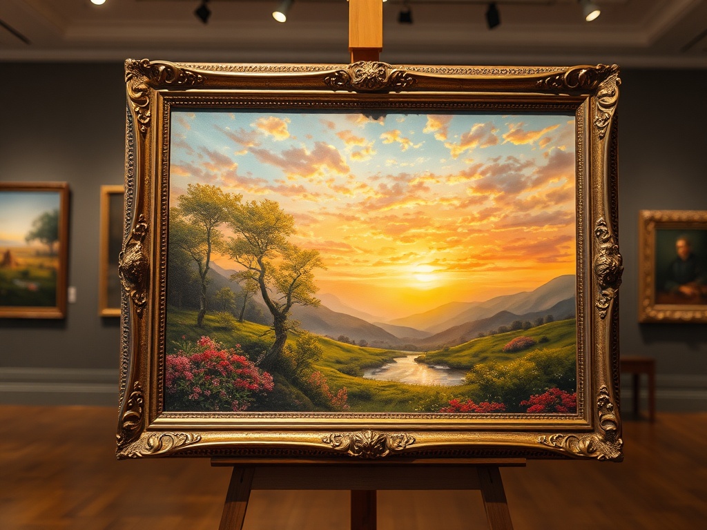 Framed landscape painting in warm sunset colors displayed in an art gallery