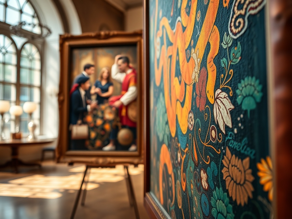 Colorful patterned artwork displayed in a sunlit gallery