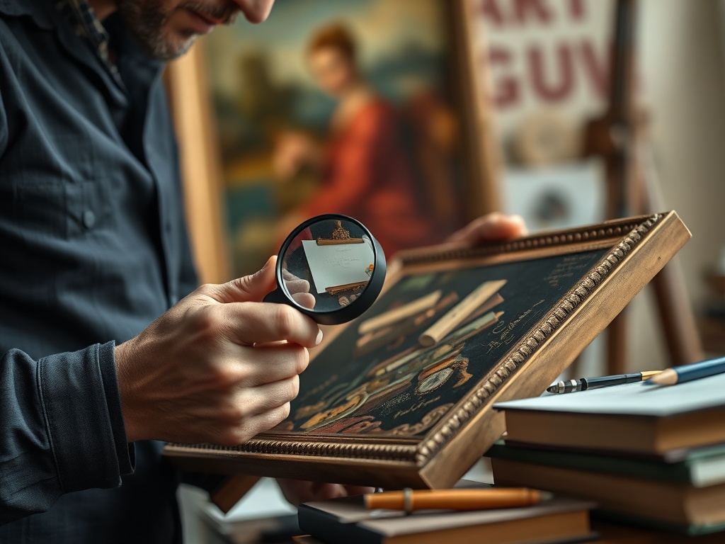 Art specialist examining the frame and details of a painting