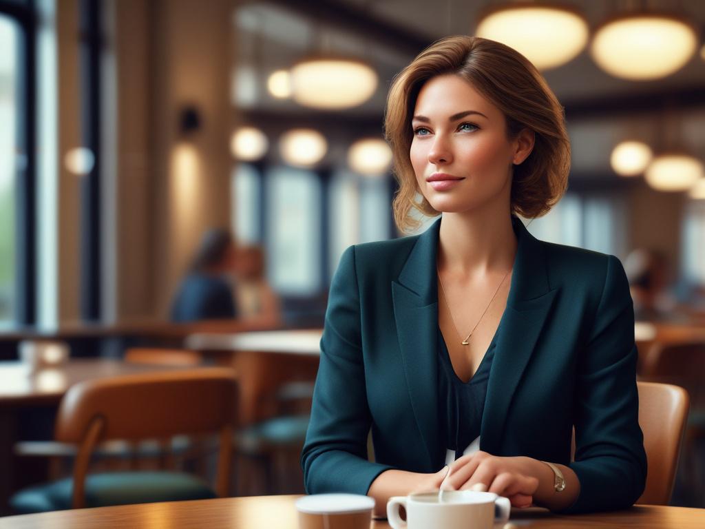 A sophisticated woman in an elegant business outfit seated at