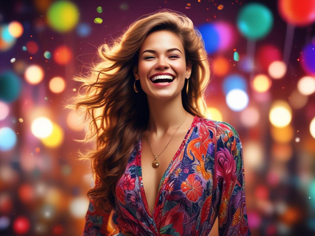 A cheerful woman in a stylish, colorful outfit, laughing and
