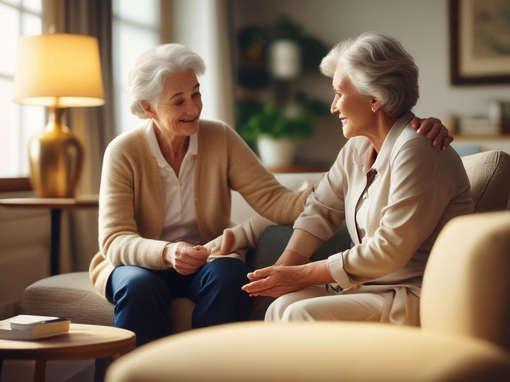 A serene scene of a caregiver gently assisting a senior
