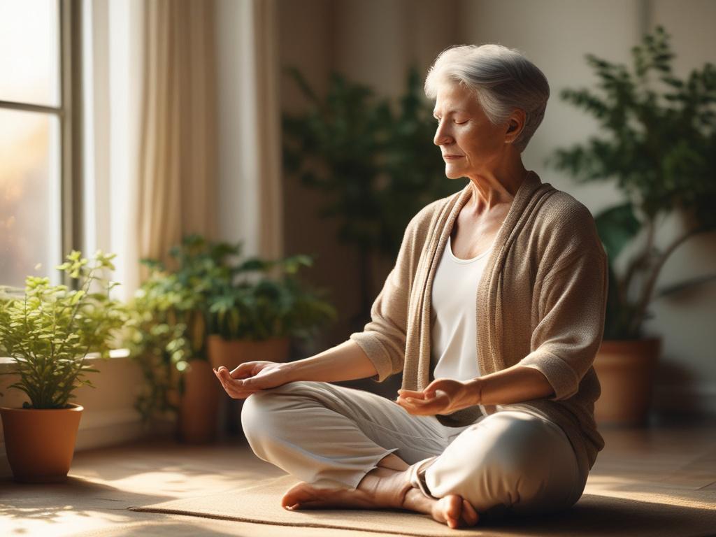 A calming image of a senior woman practicing chair yoga