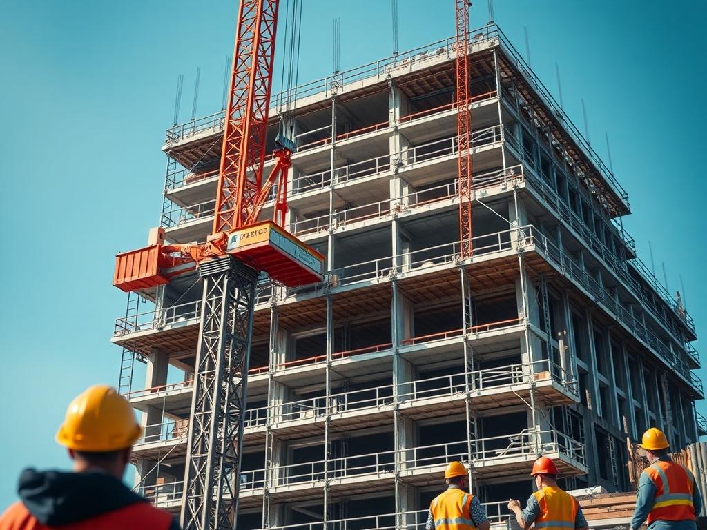 A construction site showcasing a modern building under construction, with cranes and workers in action. The image should focus on a single crane lifting materials, surrounded by scaffolding and construction workers wearing safety helmets. The background should display a clear blue sky and a partially built structure, emphasizing the dynamic nature of construction. The composition should be simple and clear, highlighting the construction process.