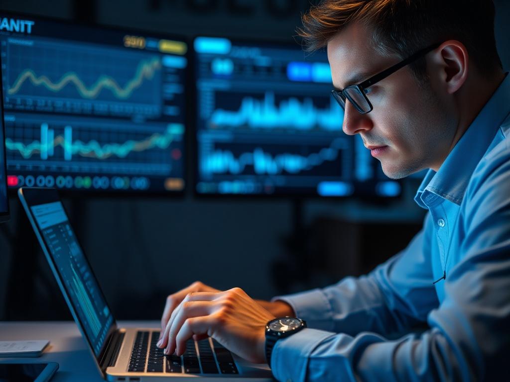 A close-up shot of a professional investigator analyzing digital data on a laptop, with a focused expression. The background features blurred images of cybersecurity graphs and monitoring screens, emphasizing the investigative theme. The color scheme incorporates shades of blue to match the RGB(2, 86, 197) primary color, creating a high-tech atmosphere.