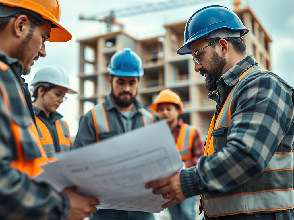 A close-up shot of construction workers collaborating on a building site, with blueprints and construction materials in focus. The background includes a partially constructed building, symbolizing progress and teamwork.