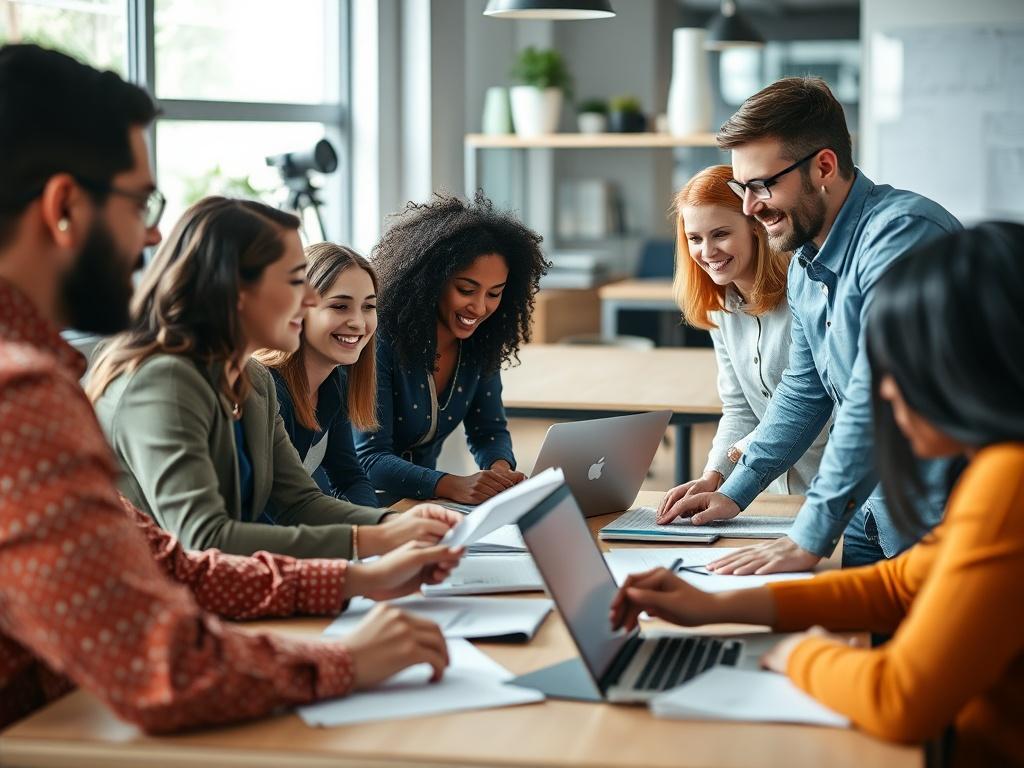 A high-resolution photo of a diverse group of employees working together in an office space, engaged in a brainstorming session. The image should focus on collaboration and creativity, with various team members sharing ideas around a table filled with documents and laptops. The environment should be bright and vibrant, reflecting a positive workplace culture. Incorporate colors that resonate with the rgb(2, 86, 197) primary theme.