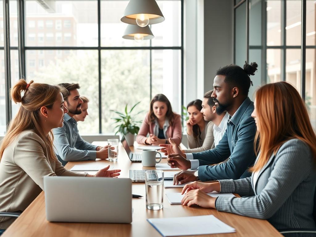 A high-resolution photo of a modern office environment showcasing a diverse group of professionals collaborating at a conference table. The image should focus on a close-up shot of engaged individuals discussing ideas, with a bright and inviting atmosphere. The composition should highlight teamwork and innovation, with natural light streaming through large windows in the background. Use colors that complement the rgb(2, 86, 197) primary theme.