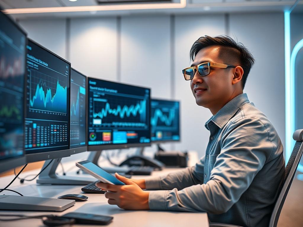 Create a realistic high-resolution photo that embodies the theme of "Innovations in IT Services: Shaping the Future." The composition should be simple and clear, featuring a single subject—an engaged IT professional. Position the individual centrally in the image, seated at a modern workstation with multiple monitors displaying dynamic graphs and technology interfaces. The IT professional should be of Asian descent, appearing focused and enthusiastic, as they analyze data with the use of cutting-edge techno