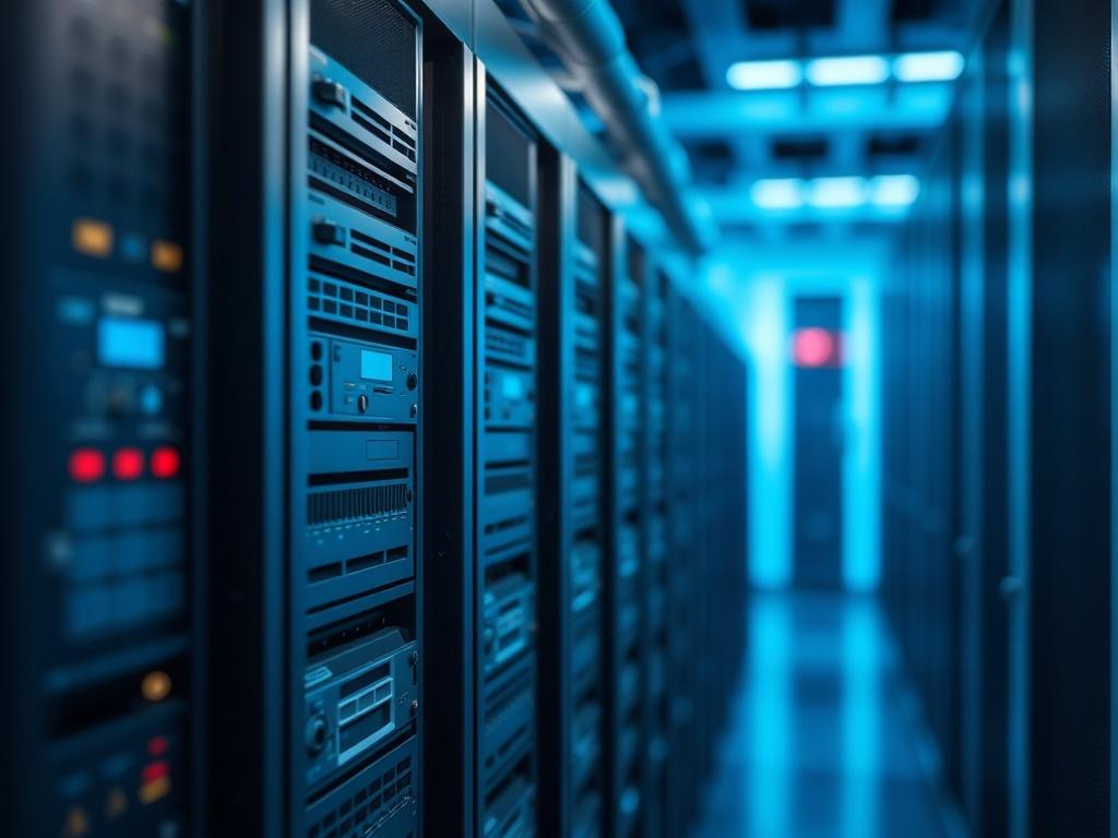 A close-up shot of a computer server rack in a modern data center, showcasing the intricate details of the servers and cables. The background should be softly blurred to emphasize the servers in focus, with a cool blue hue that aligns with the color rgb(2, 86, 197). The image should convey a sense of security and reliability, highlighting technology and innovation.