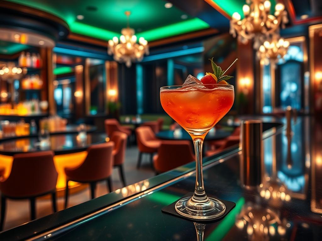 A luxurious bar setting with dim lighting, featuring an elegantly designed bar counter with colorful cocktails on display. The background showcases plush seating areas with stylish decor, creating an inviting atmosphere. The image captures a close-up of a beautifully crafted cocktail being served, with glimmering glassware and intricate garnishes. The ambiance is vibrant yet sophisticated, evoking a sense of nightlife excitement. Shot with a 45mm f/1.2 lens to emphasize the details and depth of field.