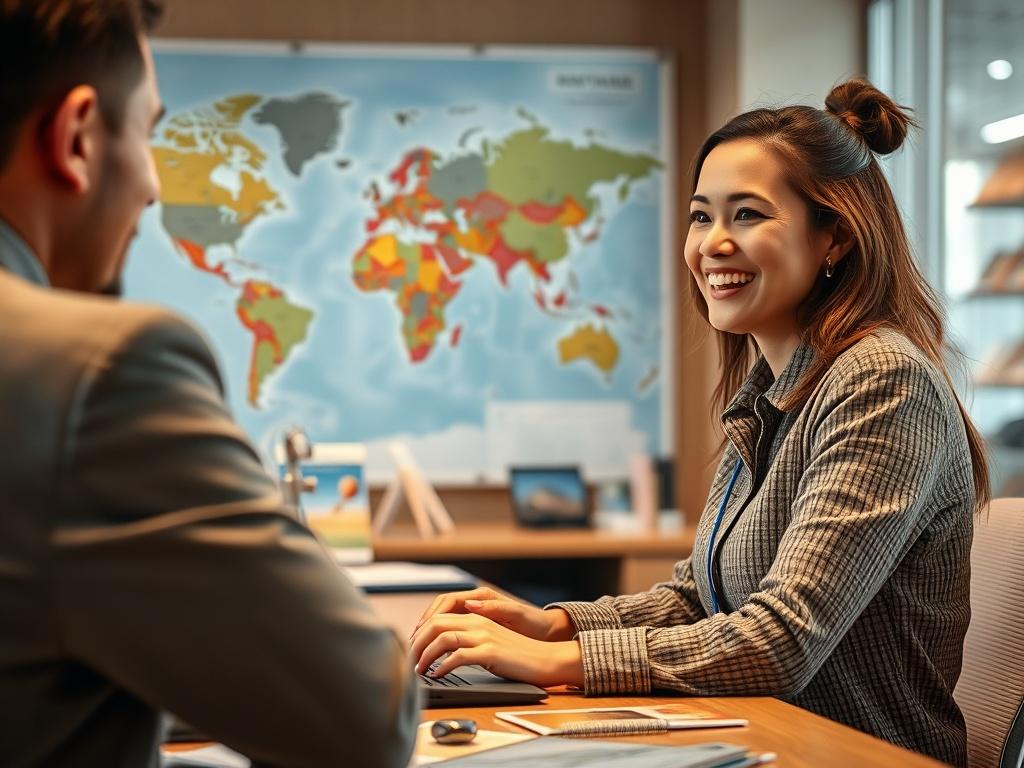 A high-resolution image of a travel agent at a modern desk, with a world map and travel brochures in the background. The agent is happily discussing travel plans with a customer, showcasing a warm and inviting atmosphere. The focus should be on the agent's face, capturing their enthusiasm, with the vibrant colors of the travel materials adding to the scene. Shot with a 45mm f/1.2 lens for a shallow depth of field.