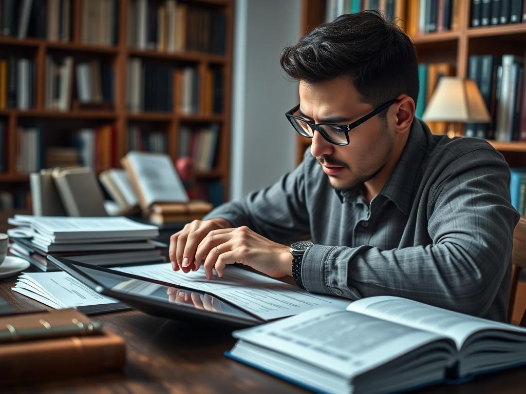A high resolution image of a focused individual studying with