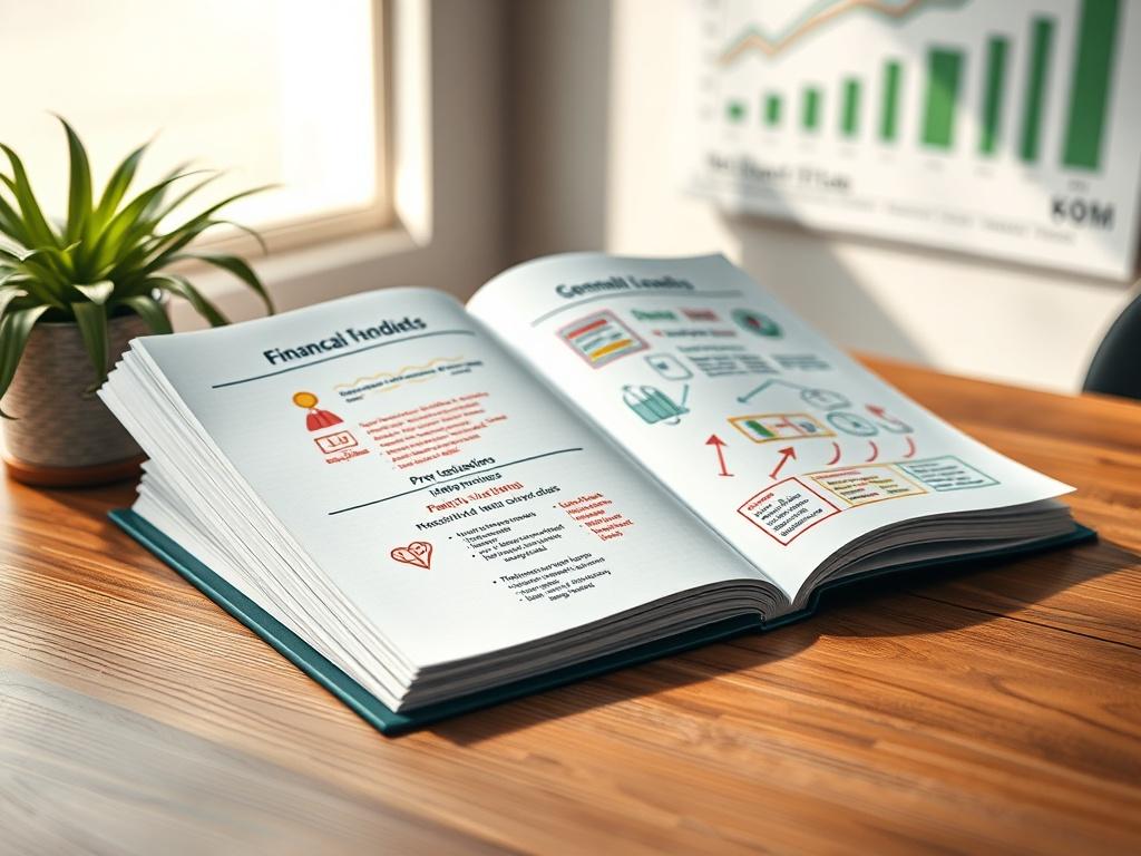 Create a realistic high-resolution photo that captures the essence of the topic "Understanding the 4 Pillars of Financial Transition." The composition should feature a single, focused subject: an open financial workbook resting on a wooden table. The workbook should display vibrant, hand-drawn notes and diagrams illustrating key concepts of the four pillars: Mindsets, Assets, Quadrants, and Structures. 

The background should be simple and softly blurred to enhance the clarity of the workbook. Utilize warm,