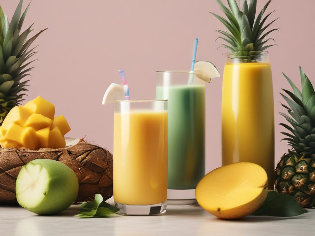 tropical juice, mango, pineapple, coconut, refreshing drink