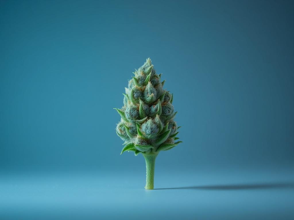 A realistic high-resolution photo of a single, beautifully manicured bud of Premium Indoor THCA Flower, showcasing its vibrant green hues and rich trichomes. The background features a soft gray gradient, creating a cool-toned environment that emphasizes the flower's quality. The composition should be clear and simple, focusing solely on the bud, with no other elements or text present.