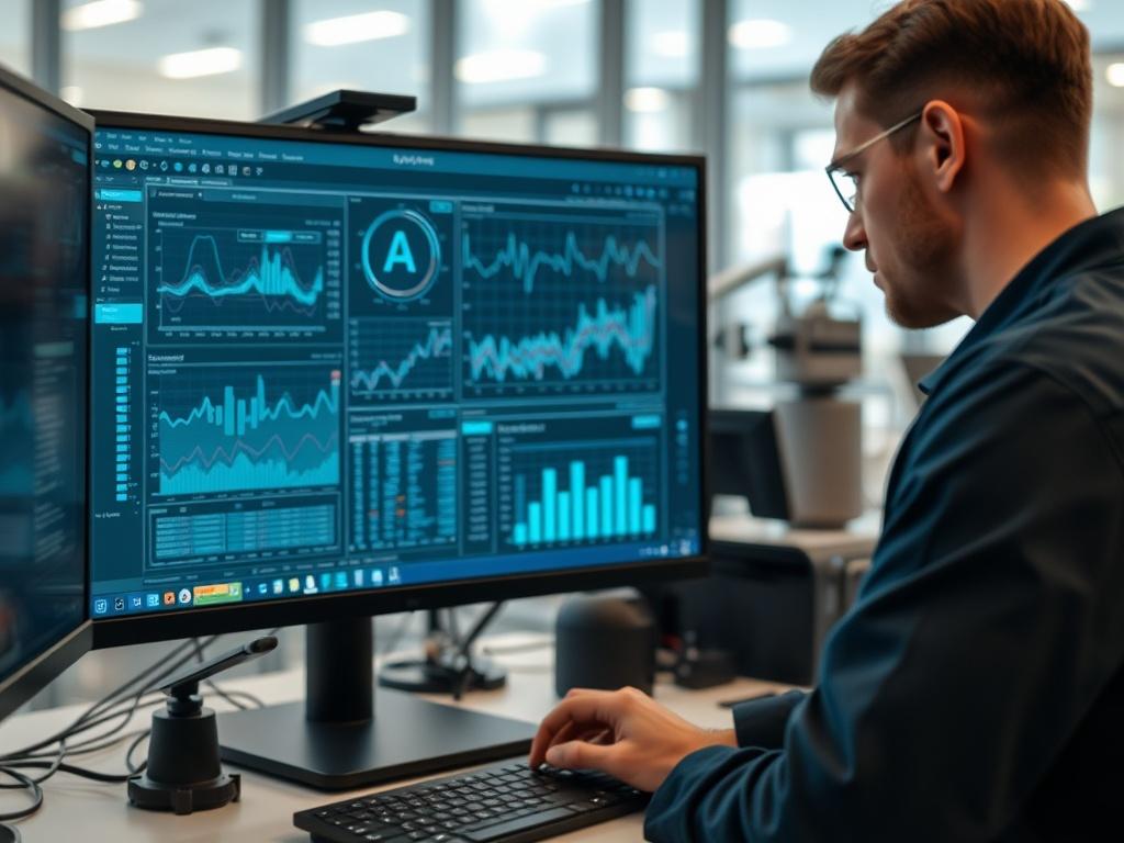 A close-up shot of a technician setting up AI software on a computer, with graphs and data visualizations displayed on the screen. The background shows a modern workspace, symbolizing technological advancement.
