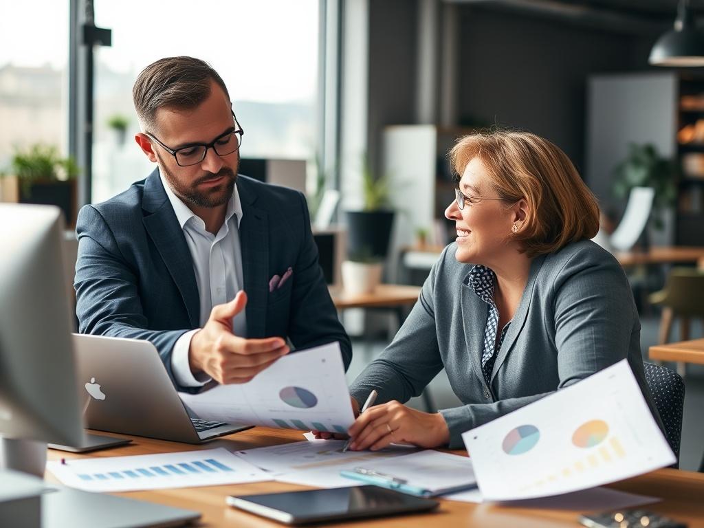 A close-up shot of a consultant discussing automation strategies with a business owner. They are surrounded by charts and digital devices, set in a lively office environment. The atmosphere is collaborative, conveying the essence of teamwork.