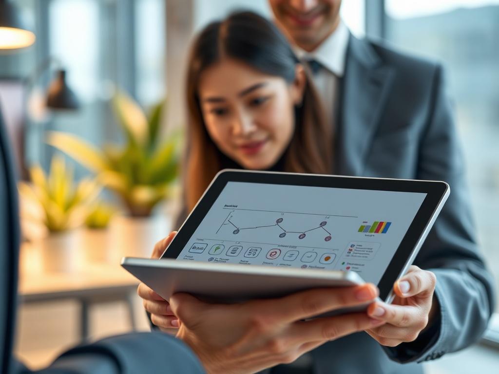 A close-up shot of a business professional reviewing workflow diagrams on a tablet. The background is a modern office setting with a blurred view of a desk and plants. The lighting is bright and inviting, emphasizing focus on the tablet.