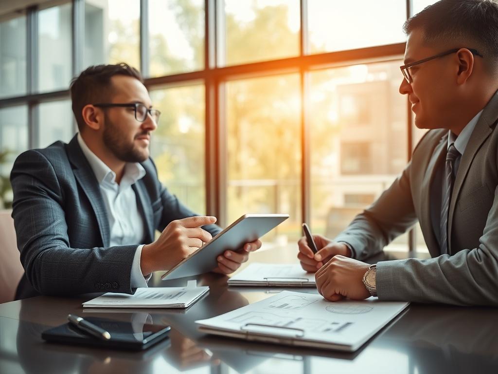 A close-up shot of a business consultant discussing automation strategies with a client in a sleek office environment. The consultant uses a tablet to showcase data-driven insights, while a notepad with sketches and notes lies on the table. Natural light streams through large windows, creating an inspiring and professional ambiance.