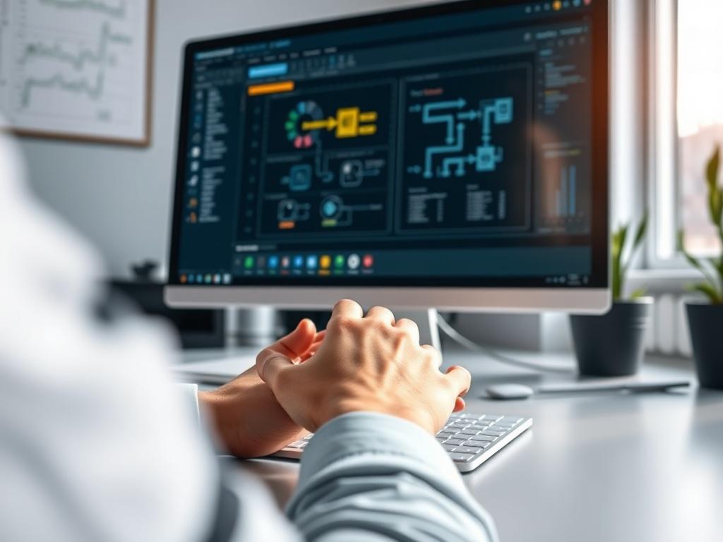A serene workspace featuring a computer screen displaying custom automation software in action. The image captures a close-up of a person's hands typing, with automation diagrams and flowcharts visible on the screen. Soft, natural lighting highlights the modern workspace, creating a sense of clarity and focus.