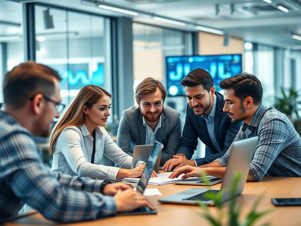 A team of professionals collaborating in a modern office space,