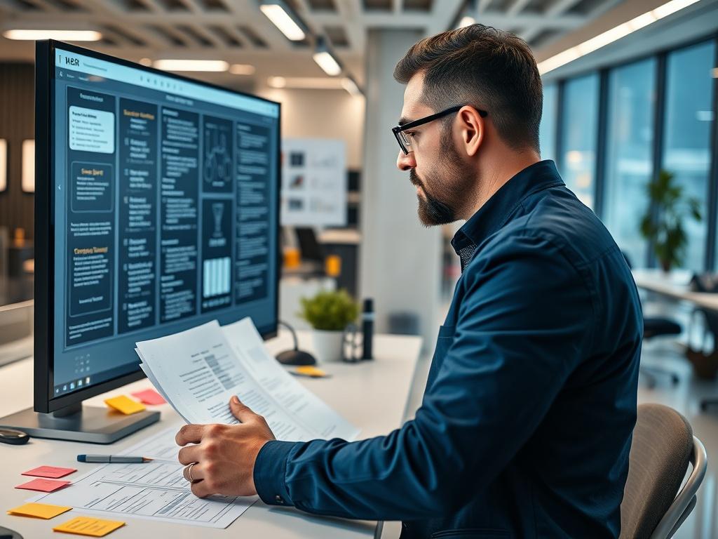 A focused business analyst reviewing flowcharts and documents on a