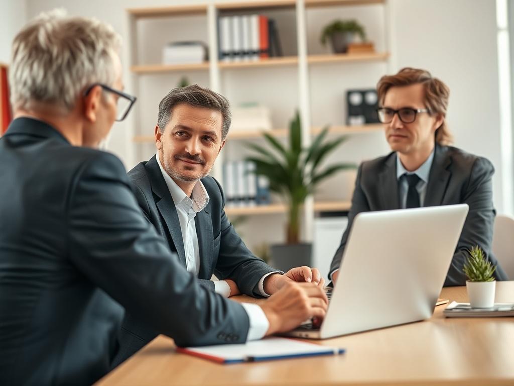 A professional consultant sitting at a desk with a laptop,