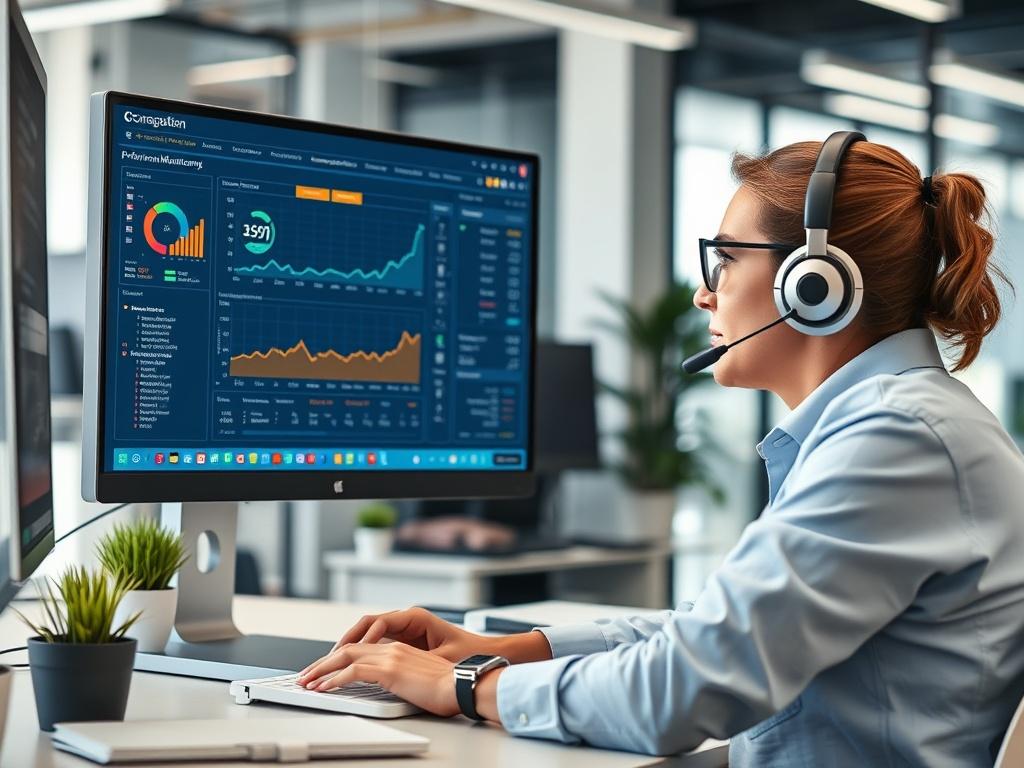 A customer support representative on a call, reviewing performance metrics