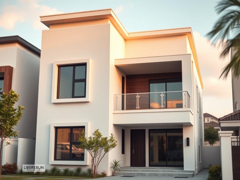 A high-resolution, hyper-realistic close-up shot of a stunning 4-bedroom duplex with modern architecture, located in a secure estate. The image should feature the exterior of the duplex, highlighting its spacious design and modern finishing. The background should be blurred to focus on the building, with soft natural lighting that enhances the property's appeal. The primary color should align with rgb(243, 153, 62) to create a warm and inviting atmosphere.