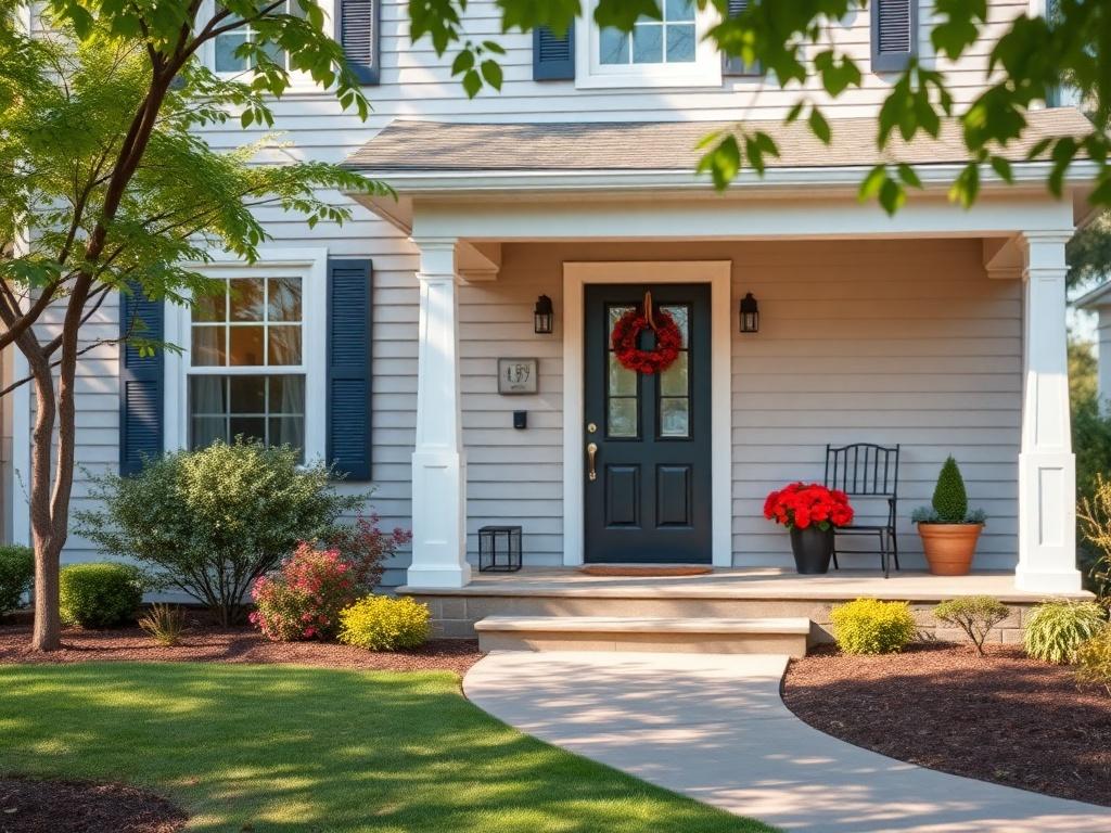 A hyper-realistic close-up shot of a charming 3-bedroom house's exterior, showcasing the beautifully landscaped front yard and welcoming entrance. The composition should emphasize the inviting atmosphere of the home, captured with a 45mm f/1.2 lens.
