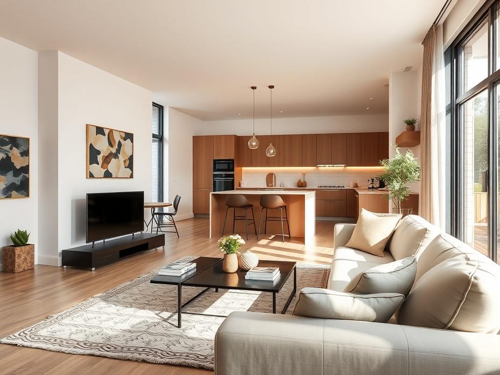 A hyper-realistic close-up shot of a spacious 2-bedroom apartment's living room, showcasing modern furniture and decor. The scene features large windows allowing natural light to illuminate the room, with a stylish kitchen in the background. The composition should highlight the cozy atmosphere and spaciousness, captured with a 45mm f/1.2 lens.