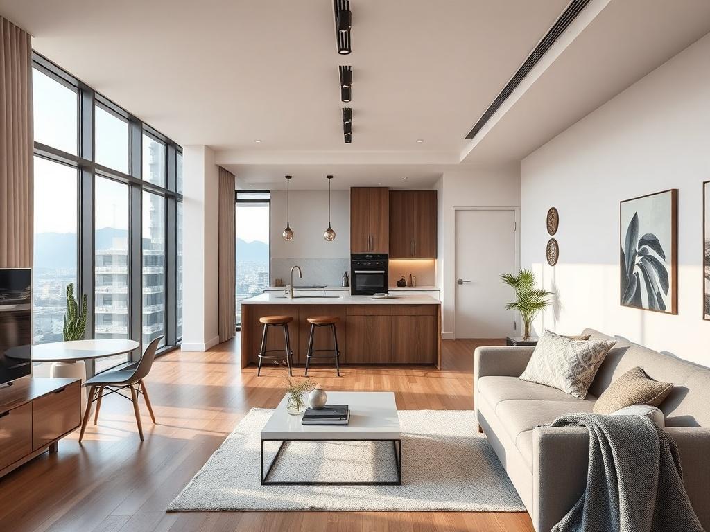 A hyper-realistic close-up shot of a modern studio apartment's interior, highlighting the open layout and contemporary finishes. The scene should capture the well-equipped kitchen and living area, with large windows offering stunning views, photographed with a 45mm f/1.2 lens.