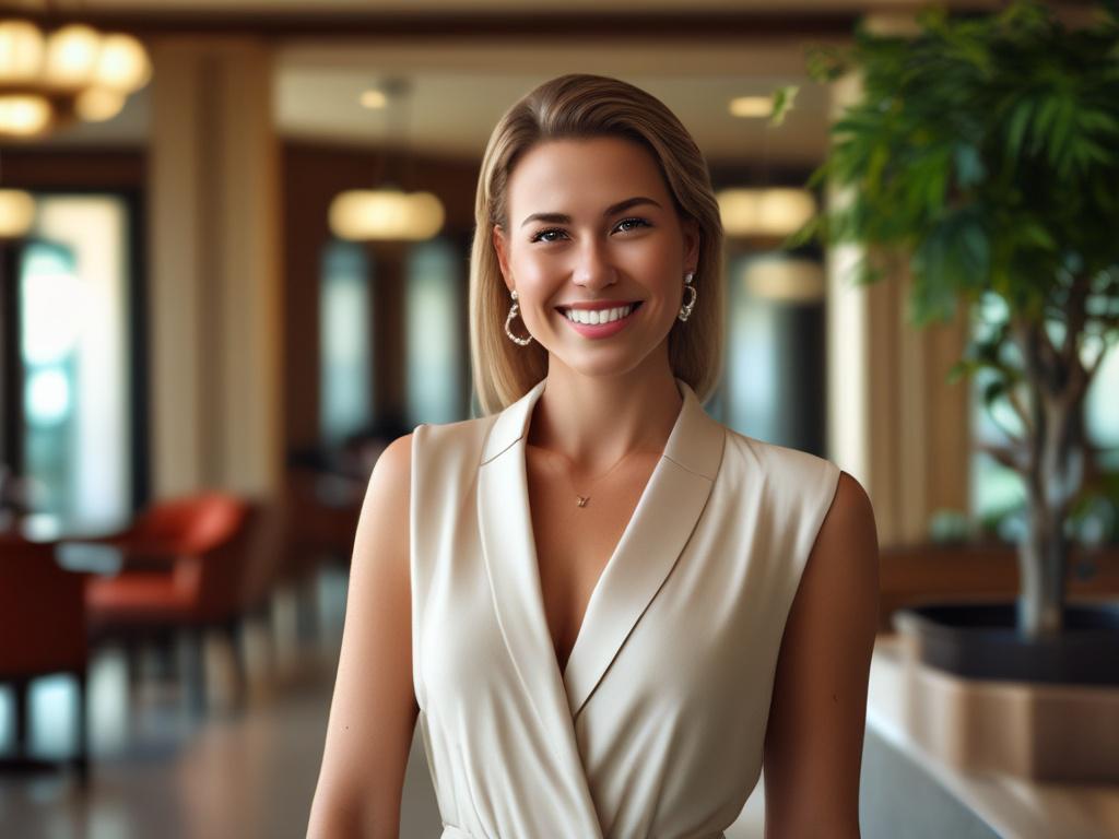 A high resolution of a glamorous and confident woman, smiling