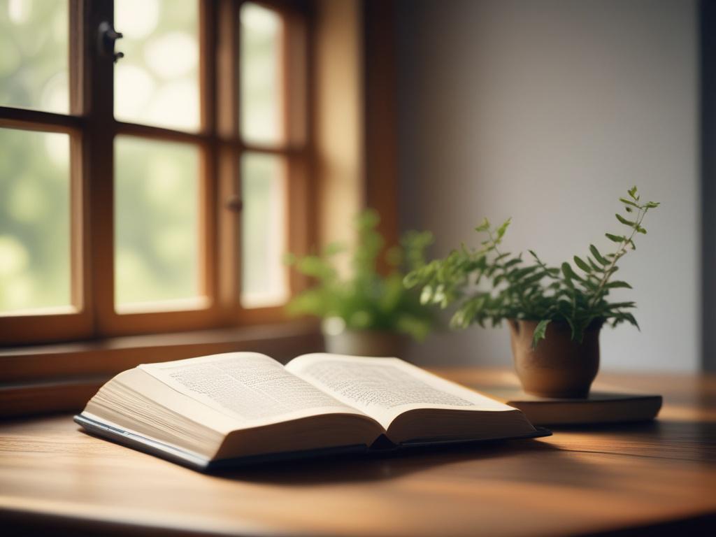 A serene study environment featuring a single open Bible on a wooden desk, warm natural light streaming through a nearby window, gentle greenery visible outside, creating a peaceful atmosphere, emphasizing the pursuit of biblical knowledge.