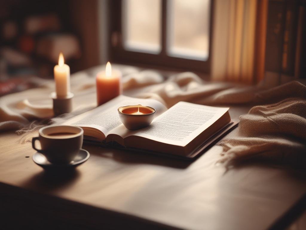 a cozy indoor space with a Bible, journal, and coffee
