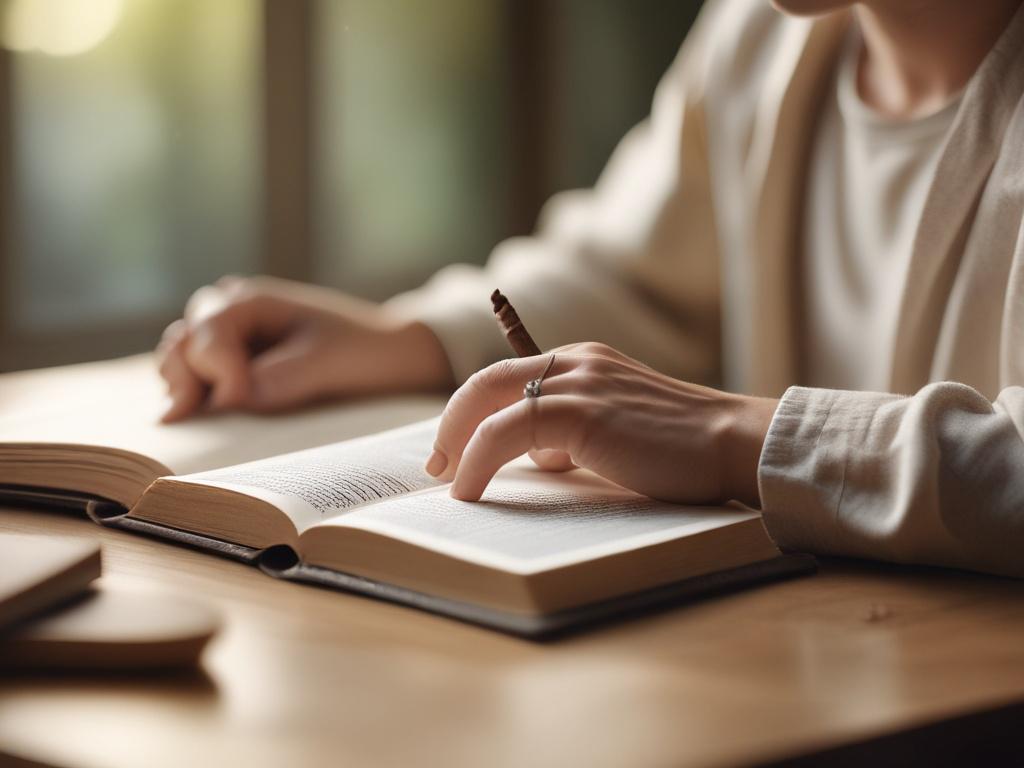 a serene environment with a person studying the Bible at