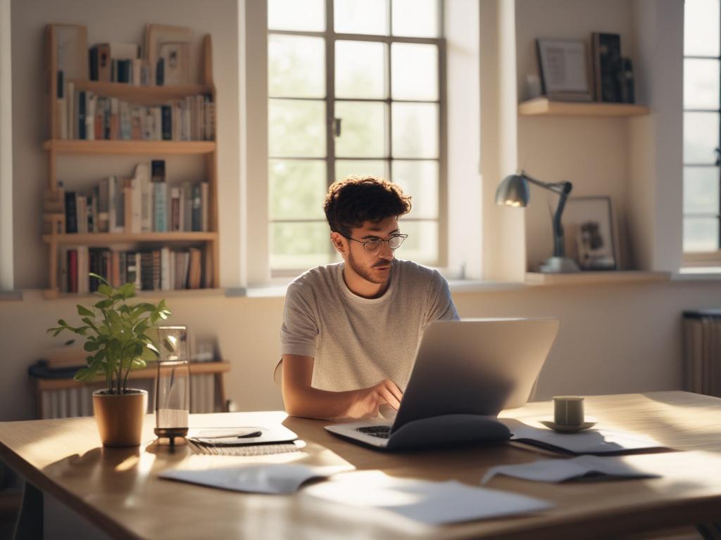 a thoughtful student taking an online quiz on a laptop,
